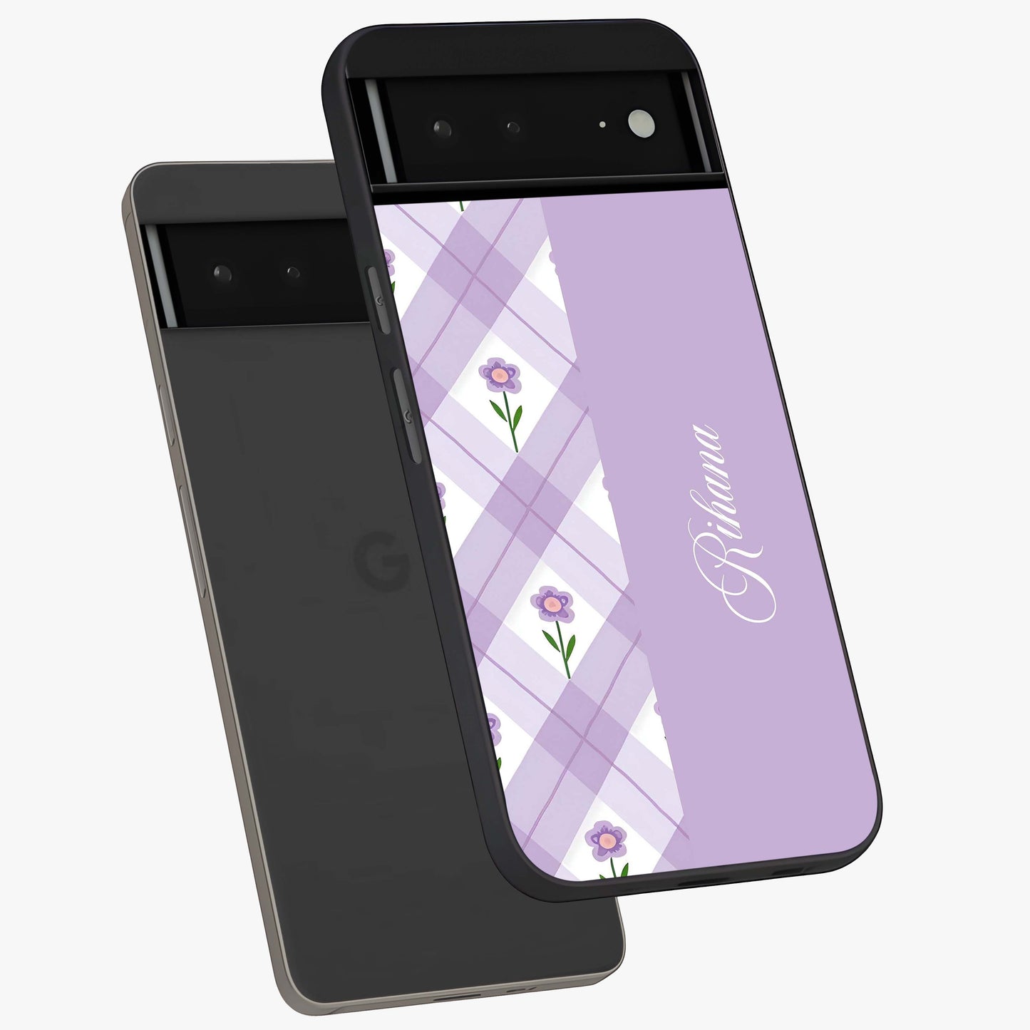 Purple Diamond Floral Glass Case displayed in angled mockup highlighting elegant purple flower design with decorative pattern.