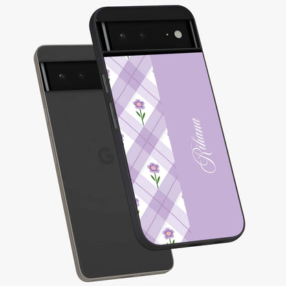Purple Diamond Floral Glass Case displayed in angled mockup highlighting elegant purple flower design with decorative pattern.