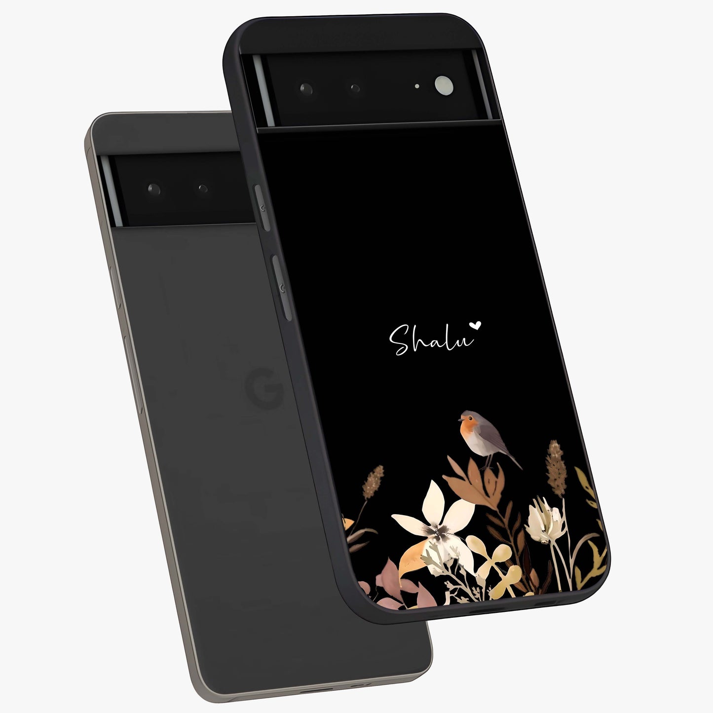 Quiet Garden Tune Custom Name Glass Case displayed in angled mockup highlighting delicate floral garden design with custom name feature.
