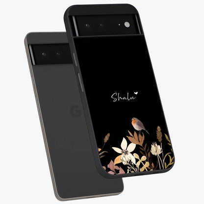 Quiet Garden Tune Custom Name Glass Case displayed in angled mockup highlighting delicate floral garden design with custom name feature.