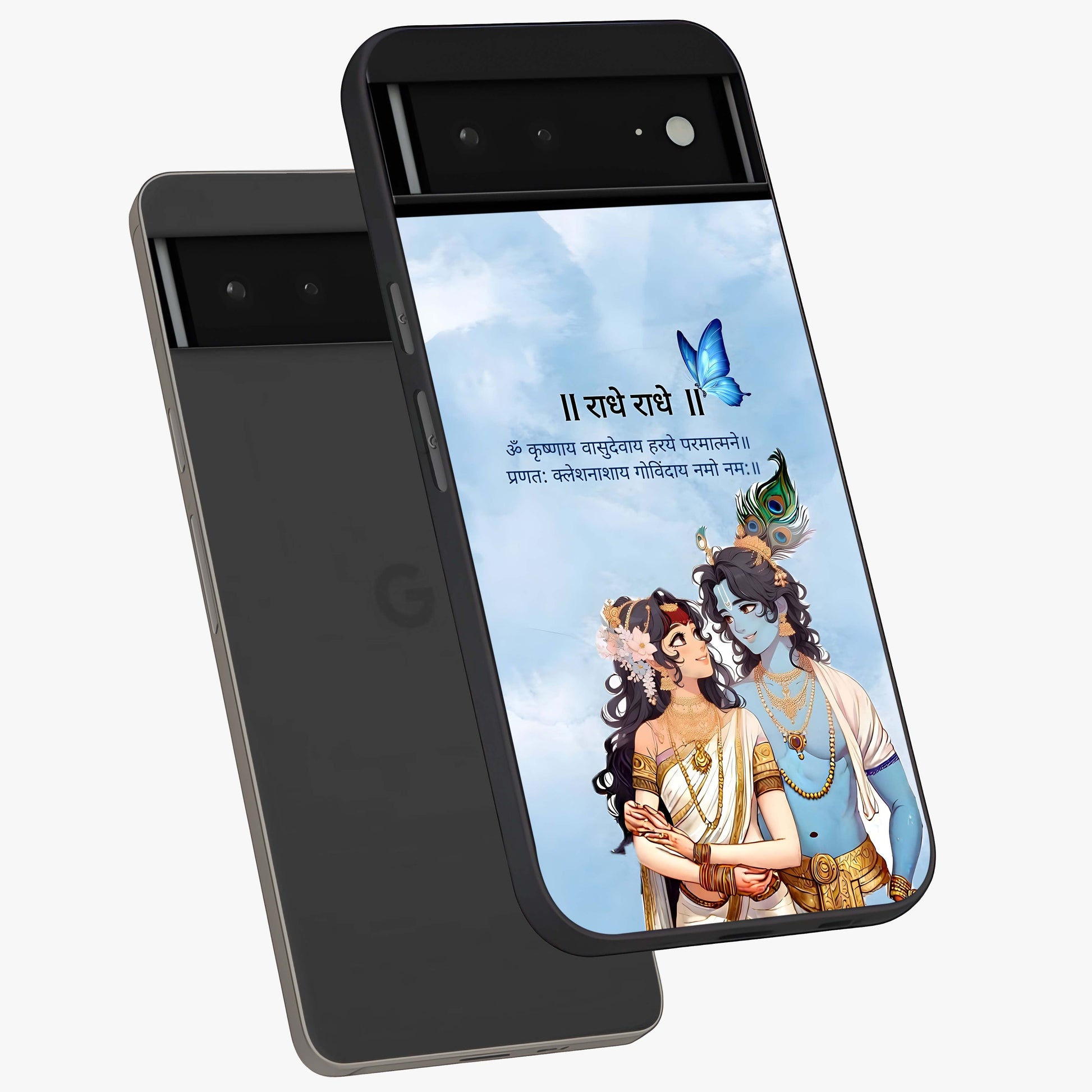 Radha Krishna Eternal Glass Case displayed in angled mockup highlighting divine Radha Krishna illustration with spiritual aesthetic.