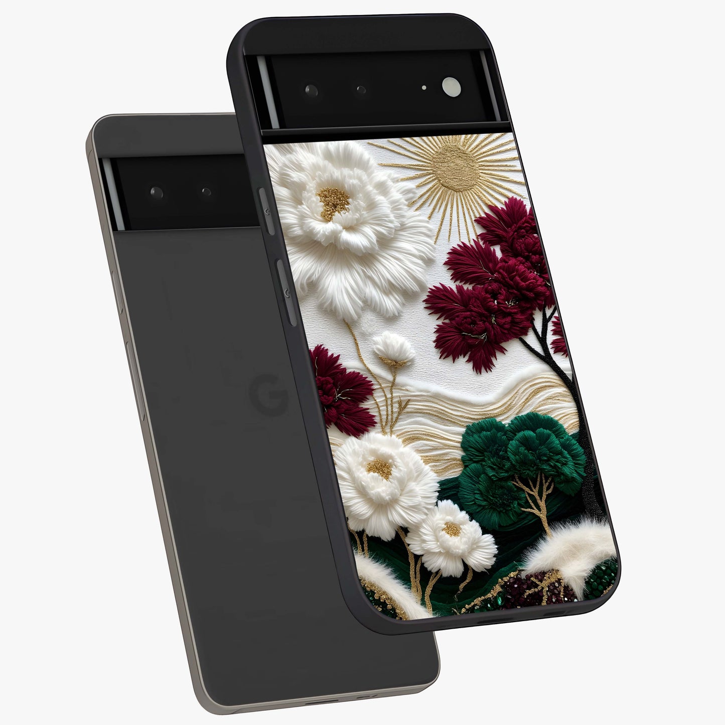 Radiant Bloom Elegance Glass Case displayed in angled mockup highlighting graceful floral design with radiant aesthetic style.
