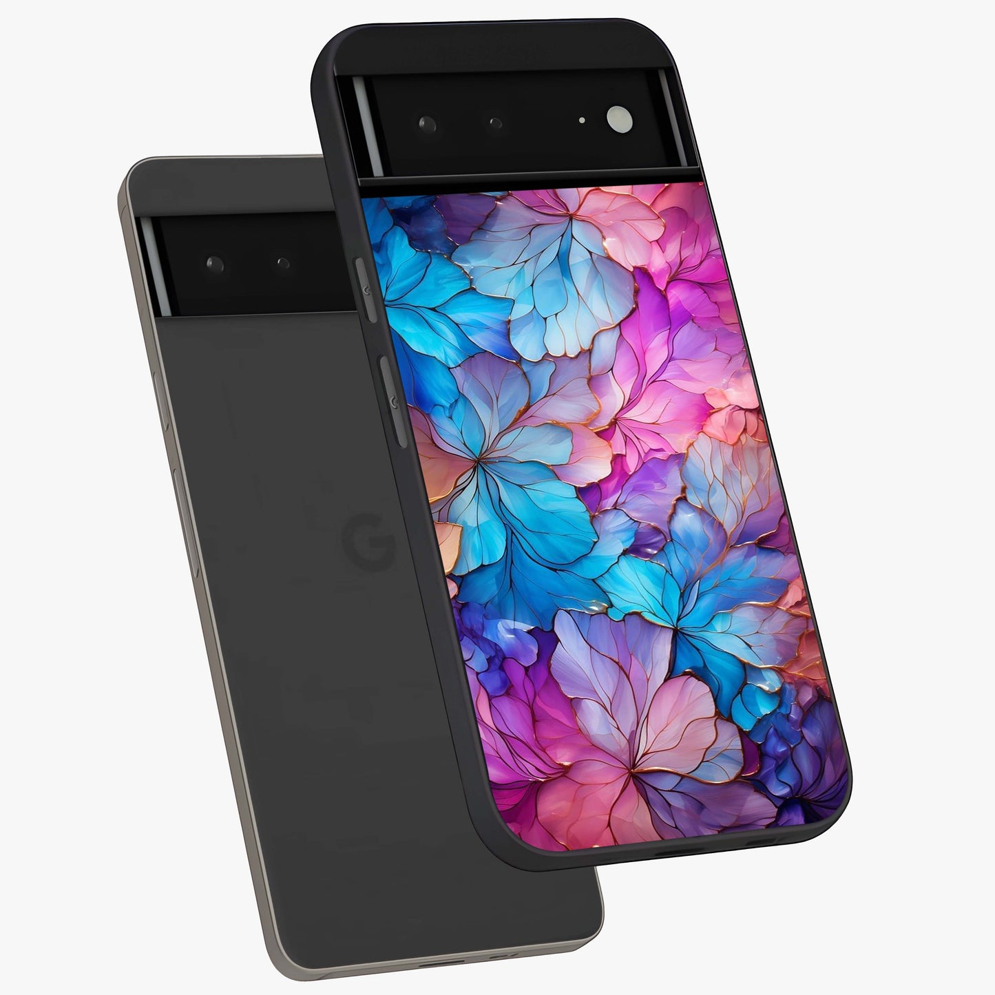 Radiant Floral Whirl Glass Case displayed in angled mockup highlighting vibrant flower pattern with dynamic artistic aesthetic.