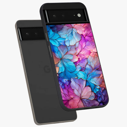 Radiant Floral Whirl Glass Case displayed in angled mockup highlighting vibrant flower pattern with dynamic artistic aesthetic.