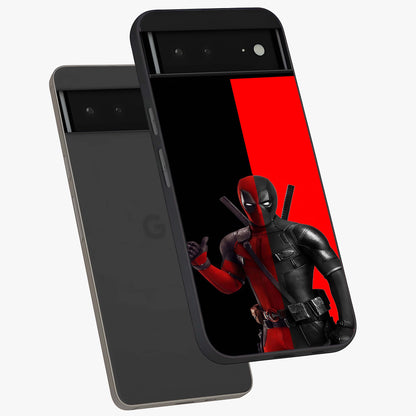 Red & Black Deadpool Theme Glass Case displayed in angled mockup highlighting vibrant superhero style illustration with action aesthetic.