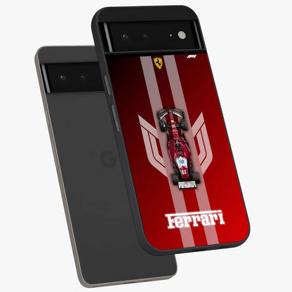 Red Ferrari F1 Vertical Glass Case displayed in angled mockup highlighting high speed racing design with bold automotive aesthetic.