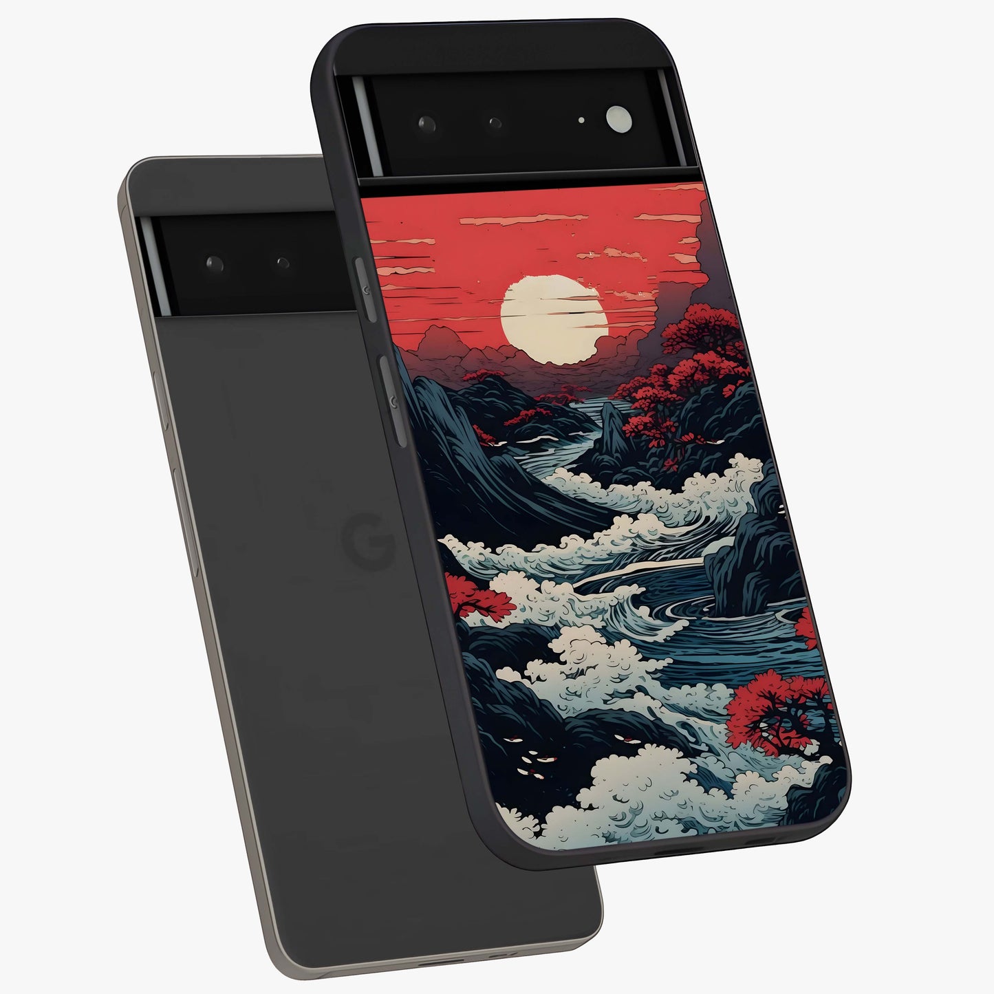 Red Sunset Scenery Glass Case displayed in angled mockup highlighting glowing sunset sky design with scenic aesthetic.