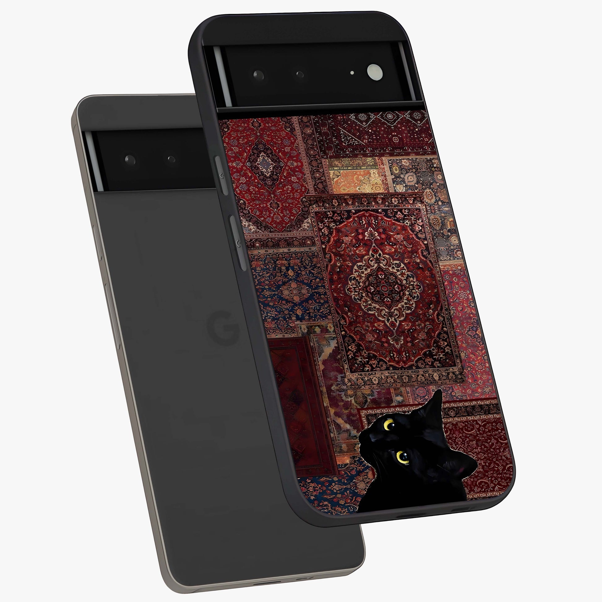 Regal Magic Cat Apple Glass Case displayed in angled mockup highlighting whimsical feline design with fantasy aesthetic.