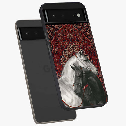 Regal Stallion Tapestry Glass Case displayed in angled mockup highlighting royal stallion design with decorative heritage aesthetic.