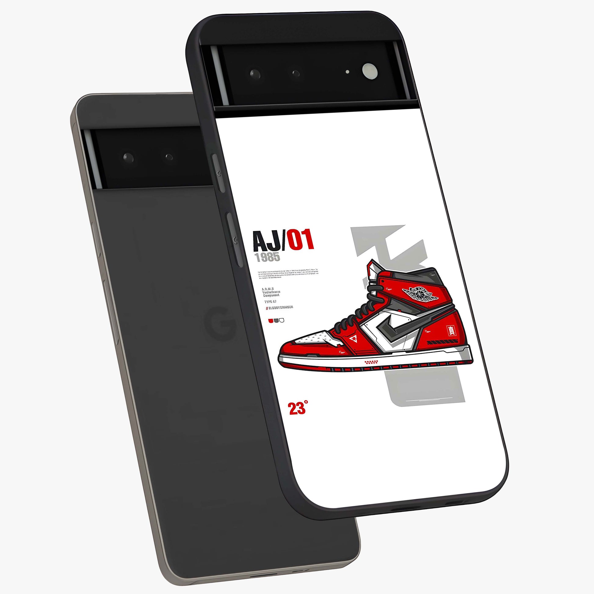 Retro Sneaker Blueprint Glass Case displayed in angled mockup highlighting detailed shoe design with sporty retro aesthetic.