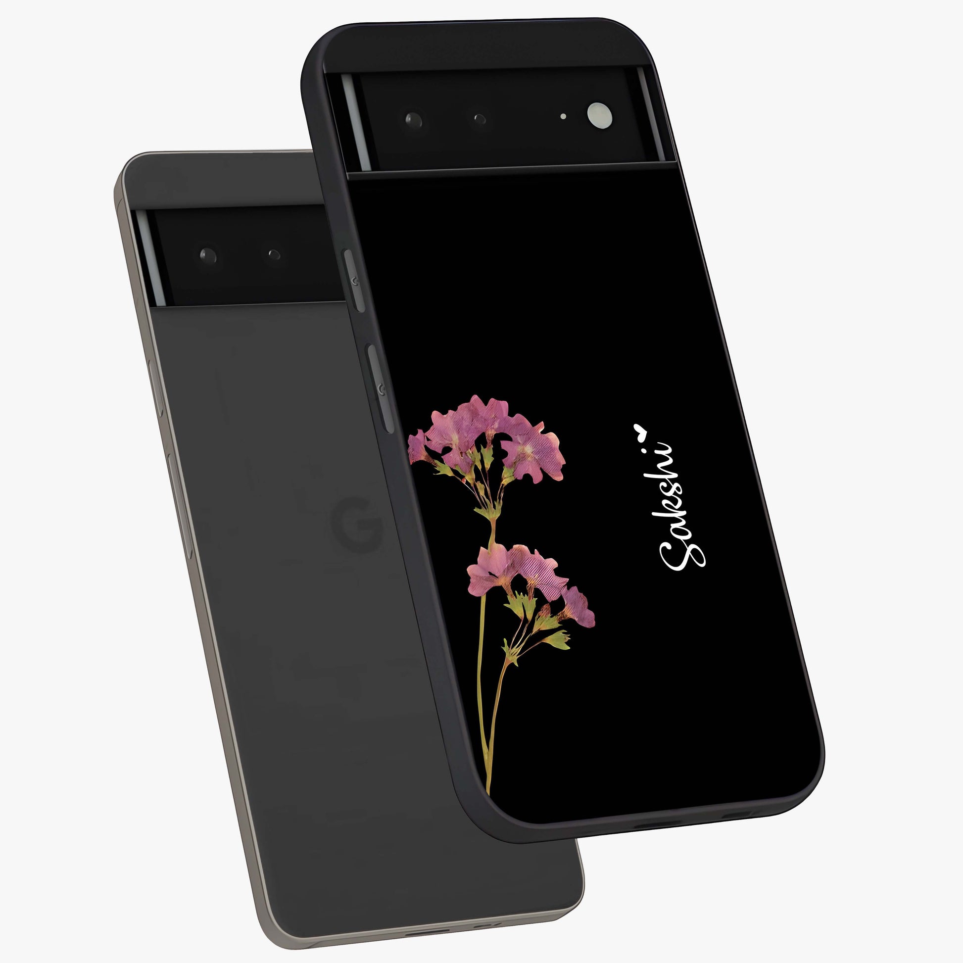 Riching Lavender Flower Custom Name Glass Case displayed in angled mockup highlighting delicate lavender flower design with custom name feature.