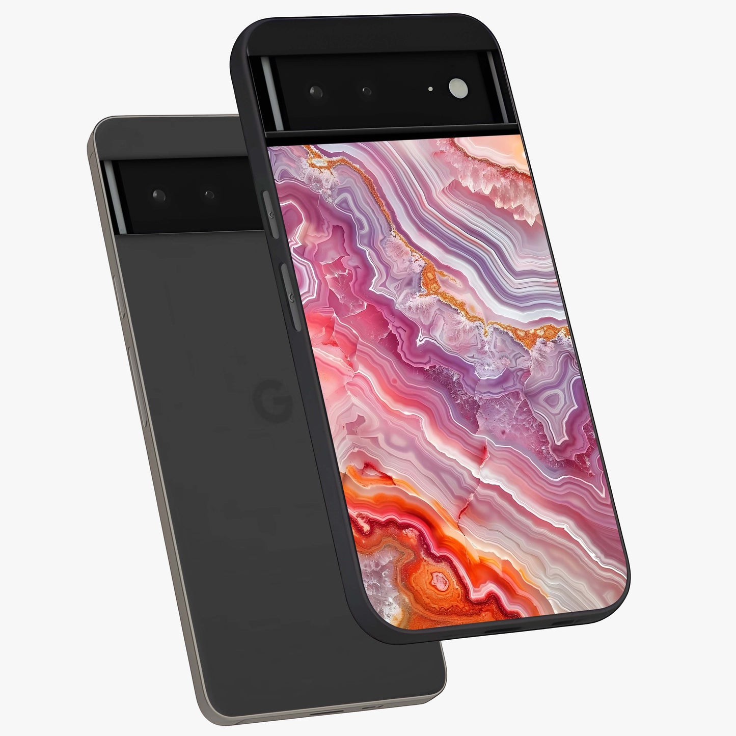 Rose Quartz Marble Glass Case displayed in angled mockup highlighting elegant marble pattern with soft aesthetic style.