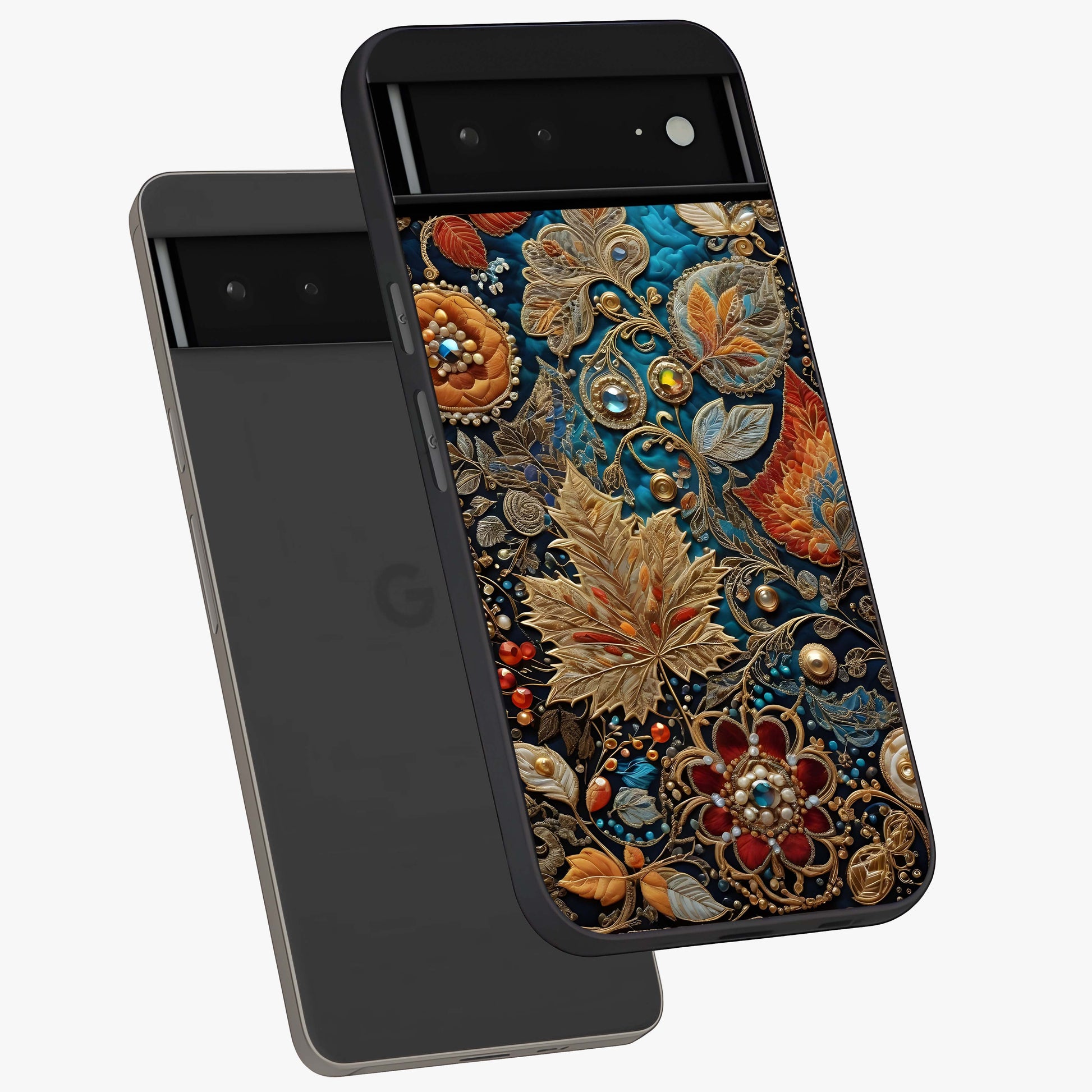 Royal Jewel Garden Glass Case displayed in angled mockup highlighting vibrant jewel inspired floral design with elegant aesthetic.
