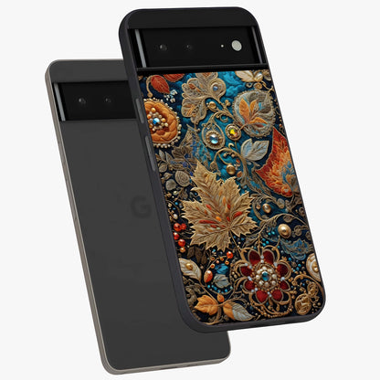 Royal Jewel Garden Glass Case displayed in angled mockup highlighting vibrant jewel inspired floral design with elegant aesthetic.