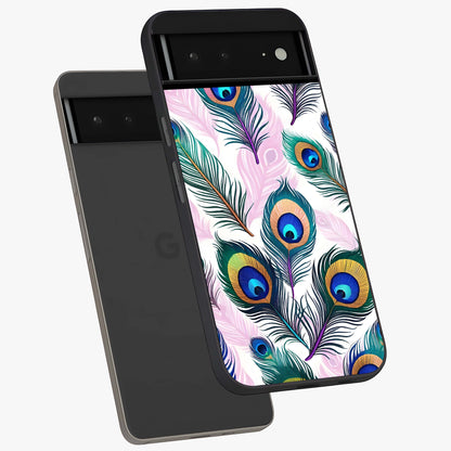 Royal Peacock Feathers Glass Case displayed in angled mockup highlighting vibrant feather pattern with regal aesthetic style.