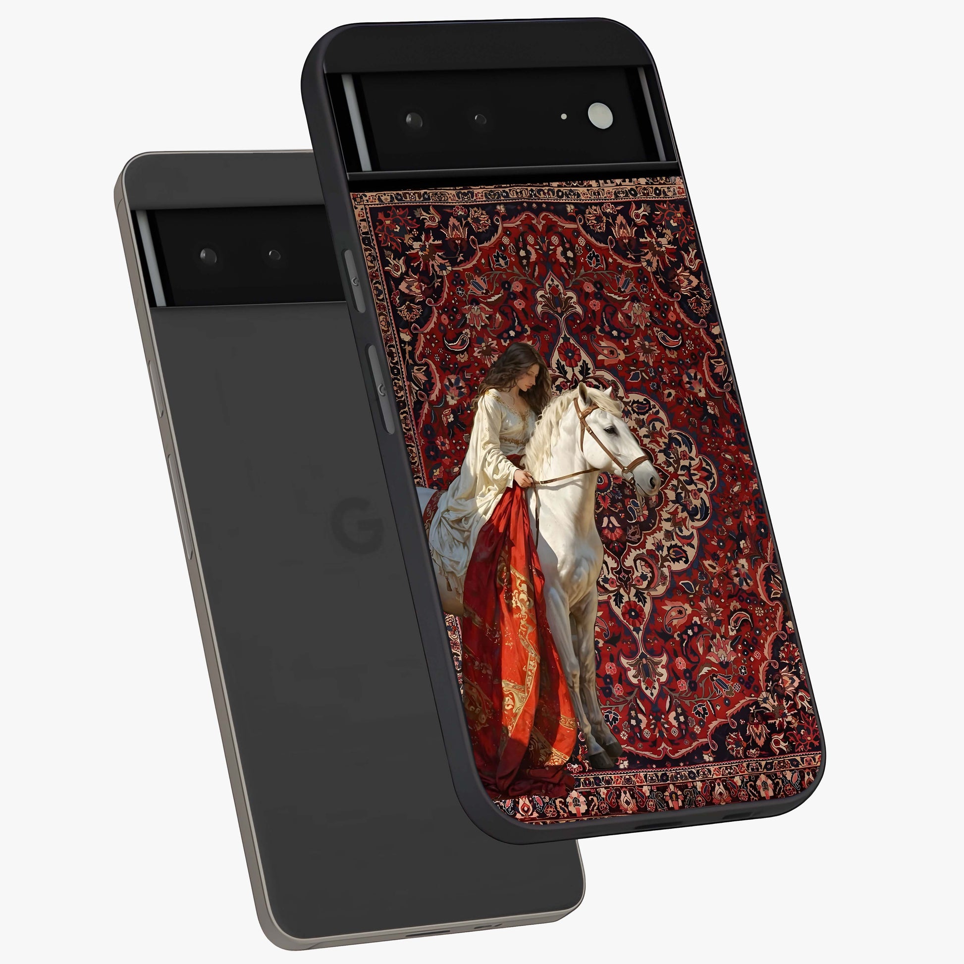 Royal Rider Tapestry Glass Case displayed in angled mockup highlighting traditional tapestry design with royal heritage aesthetic.