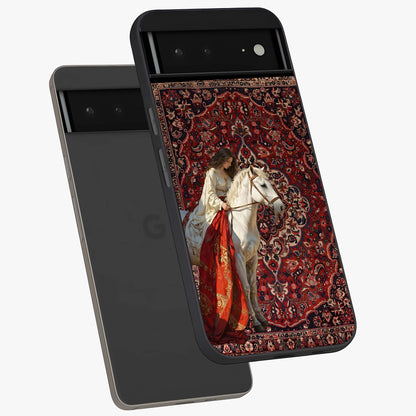 Royal Rider Tapestry Glass Case displayed in angled mockup highlighting traditional tapestry design with royal heritage aesthetic.