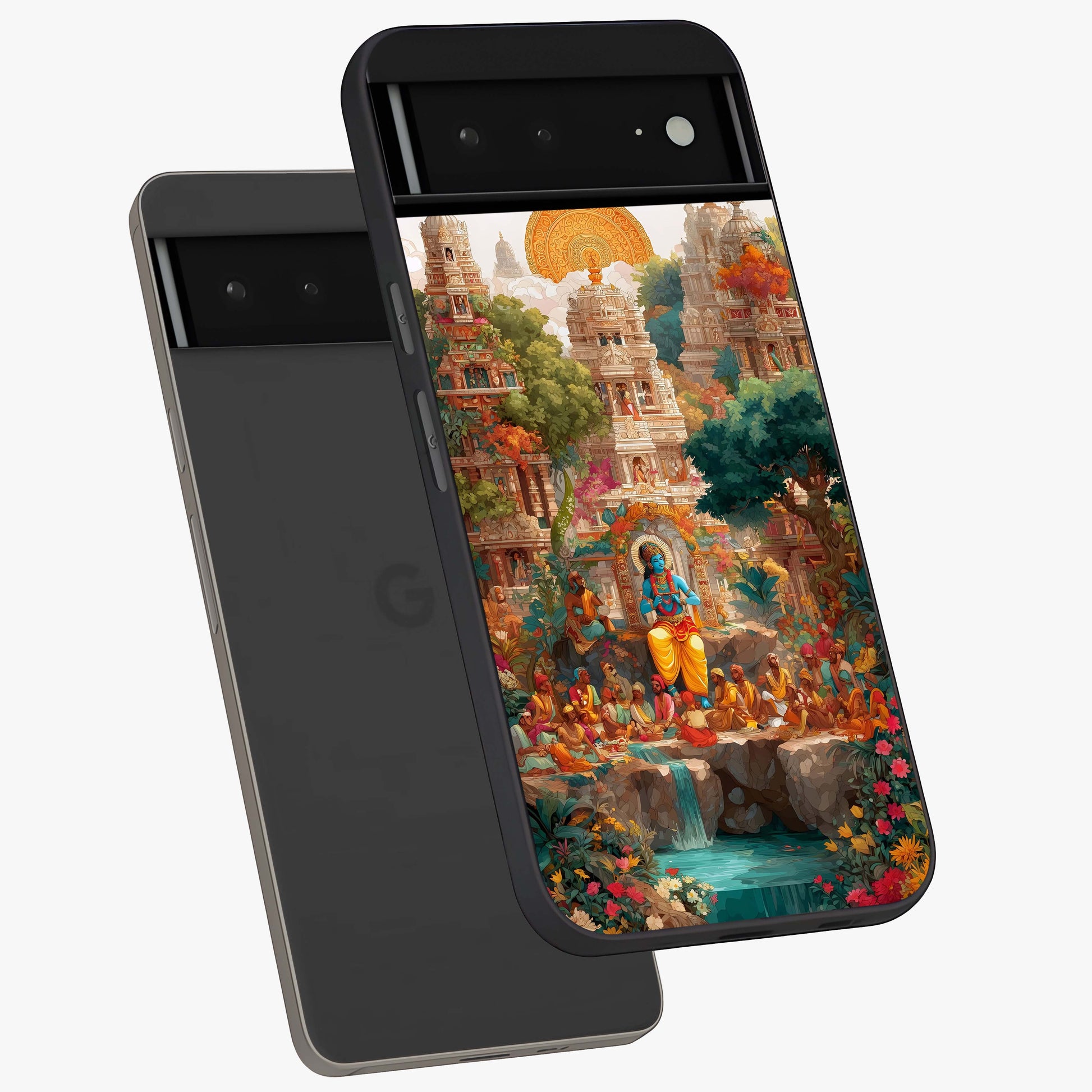 Sacred Sunlight Gods Glass Case displayed in angled mockup highlighting radiant spiritual design with celestial aesthetic.