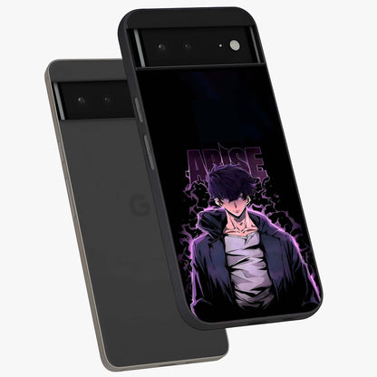 Shadow Monarch Awakening Glass Case displayed in angled mockup highlighting dramatic shadow warrior design with fantasy aesthetic.