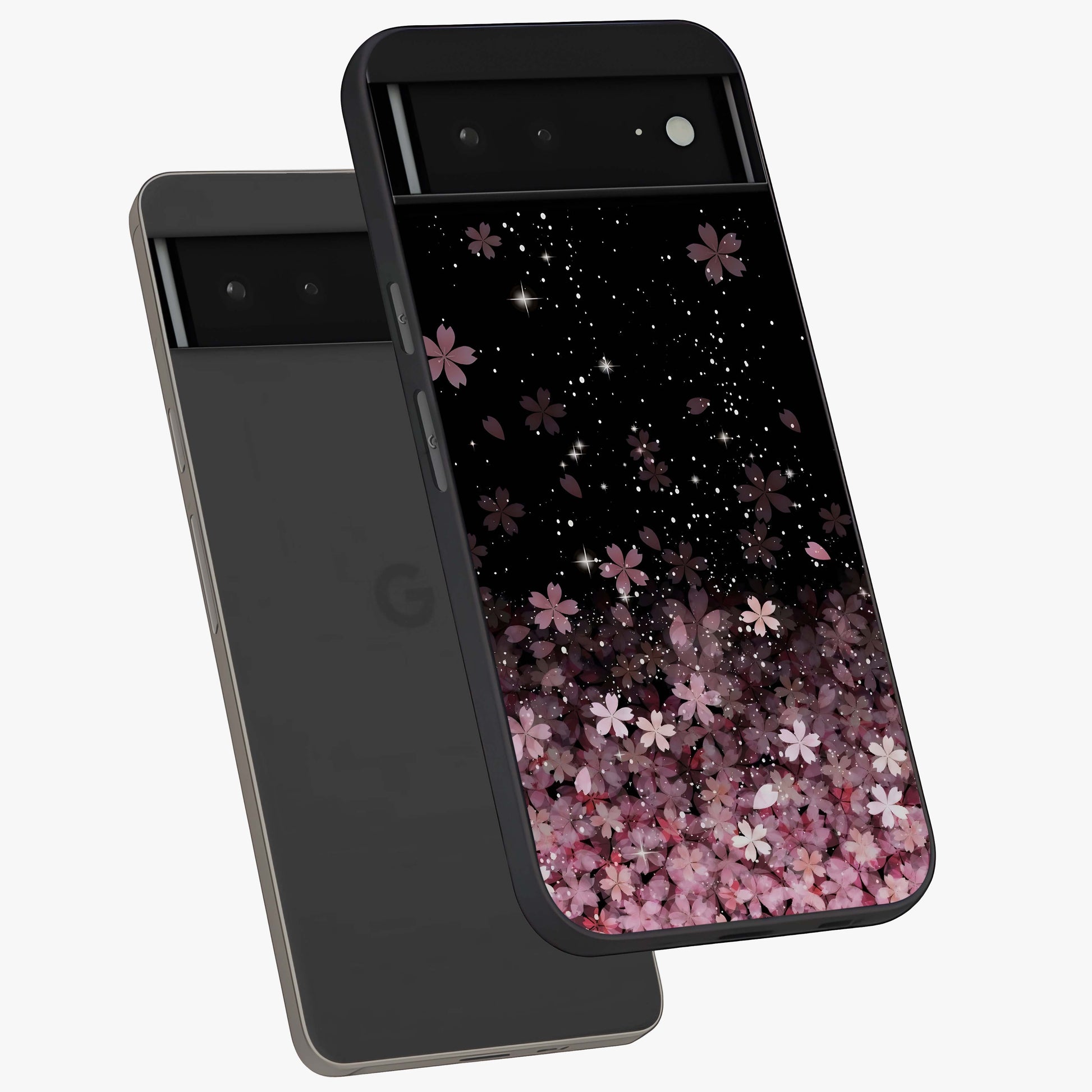 Small Starry Flowers Glass Case displayed in angled mockup highlighting tiny flower pattern with celestial aesthetic style.