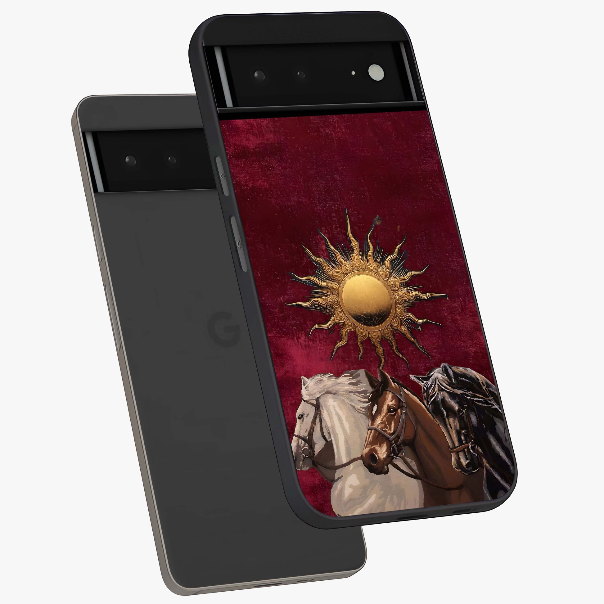 Solar Riders Glass Case displayed in angled mockup highlighting powerful rider illustration with radiant solar aesthetic.