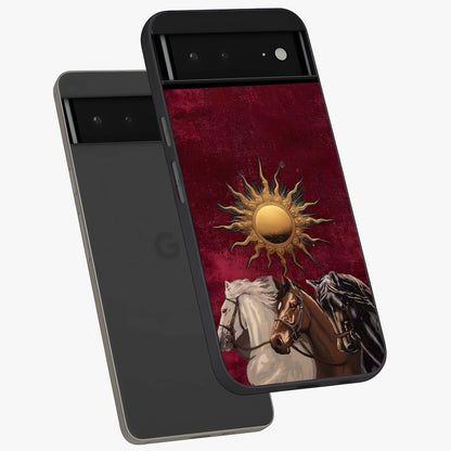 Solar Riders Glass Case displayed in angled mockup highlighting powerful rider illustration with radiant solar aesthetic.
