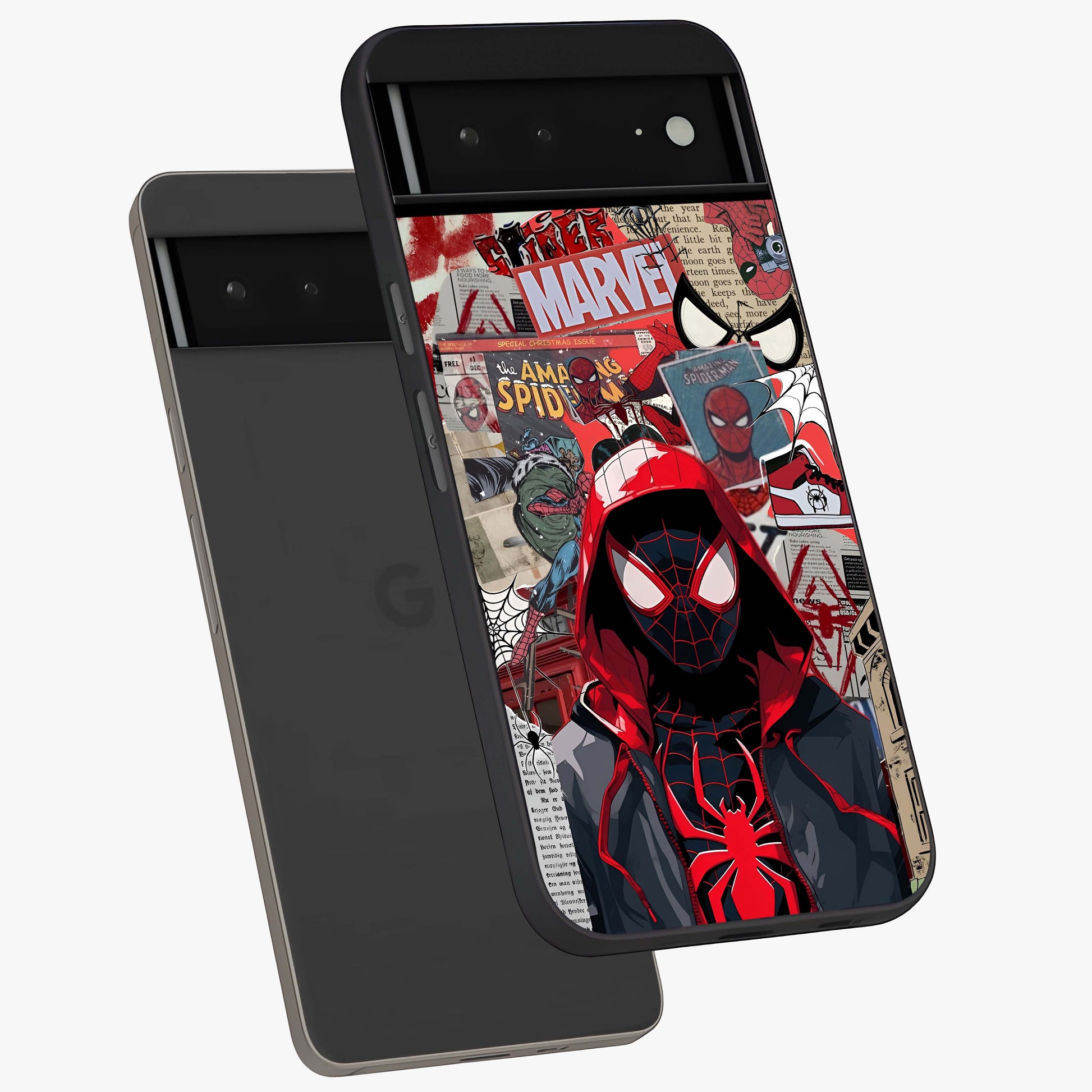 Spider Collage Street Glass Case displayed in angled mockup highlighting dynamic street style collage design with comic aesthetic.
