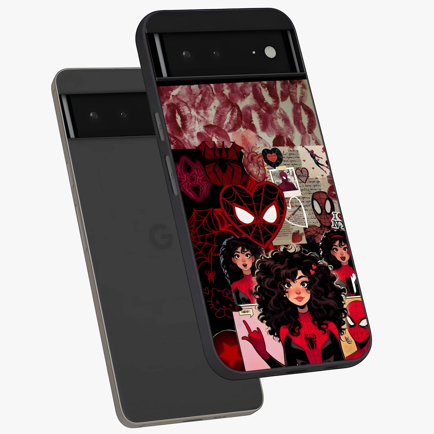 Spider Love Story Glass Case displayed in angled mockup highlighting expressive comic inspired design with playful aesthetic.