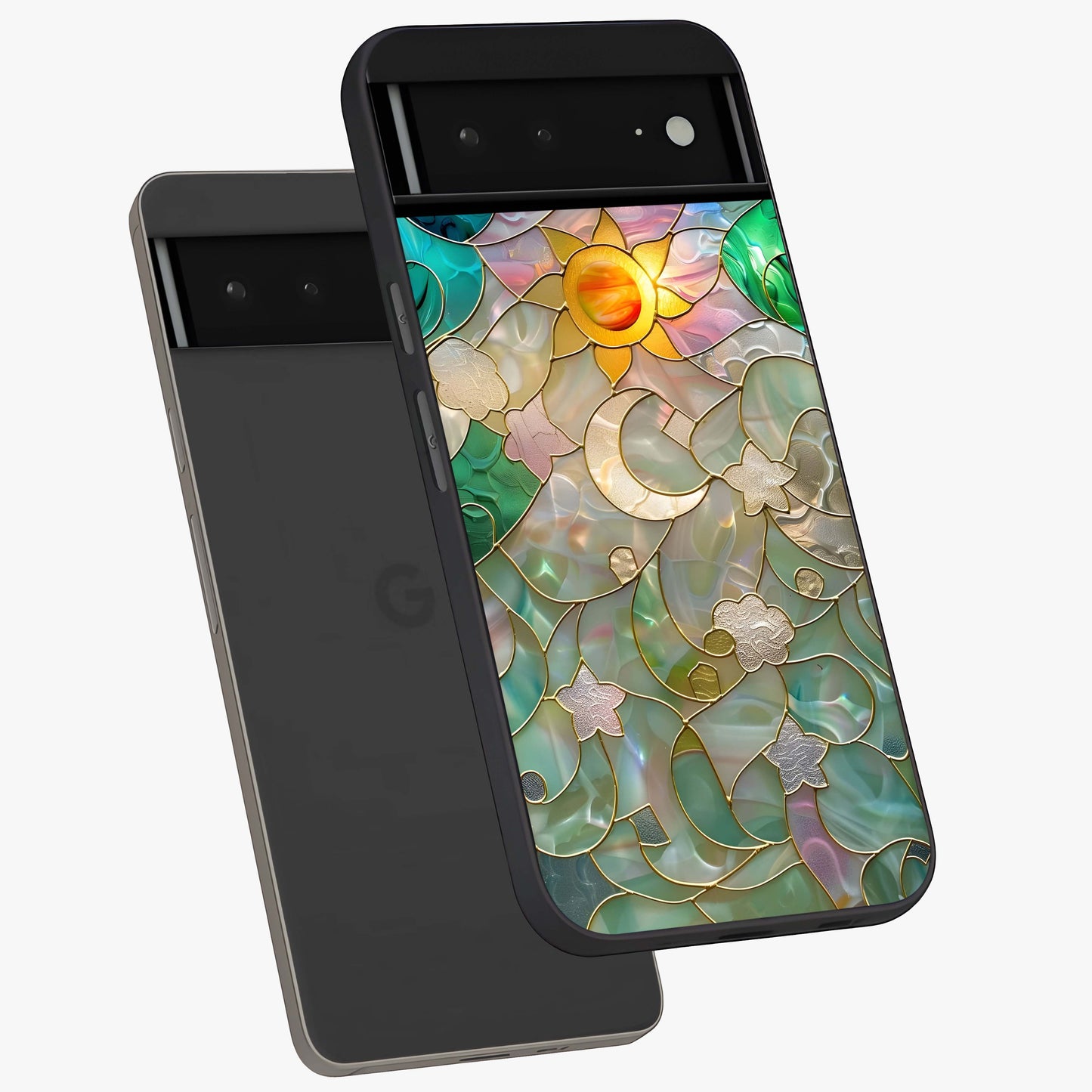 Stained Sunrise Glow Glass Case displayed in angled mockup highlighting radiant sunrise design with artistic aesthetic style.