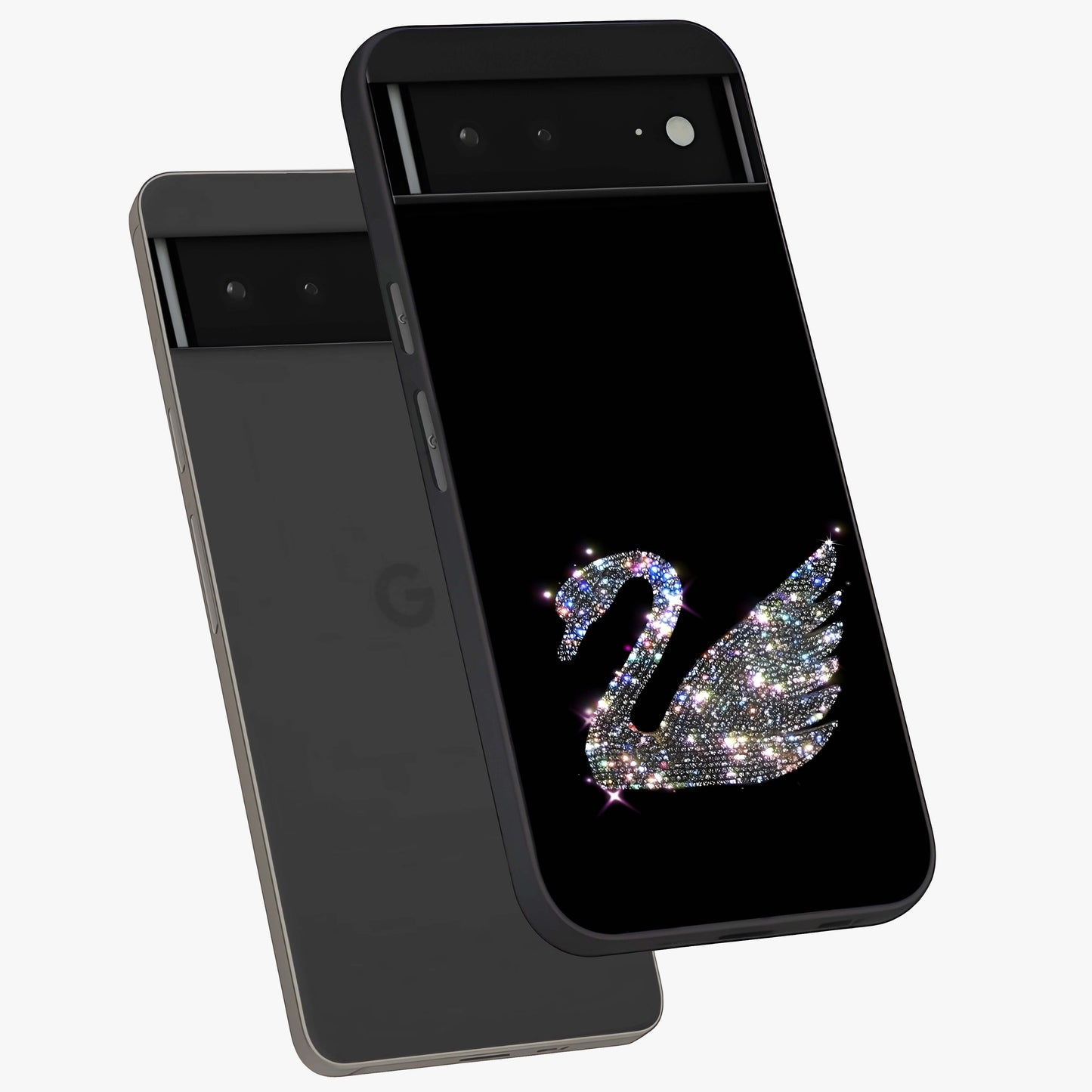 Starlit Swan Grace Glass Case displayed in angled mockup highlighting elegant swan illustration with dreamy celestial aesthetic.