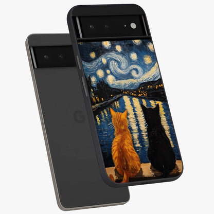 Starry River Cats Glass Case displayed in angled mockup highlighting charming feline illustration with dreamy night aesthetic.