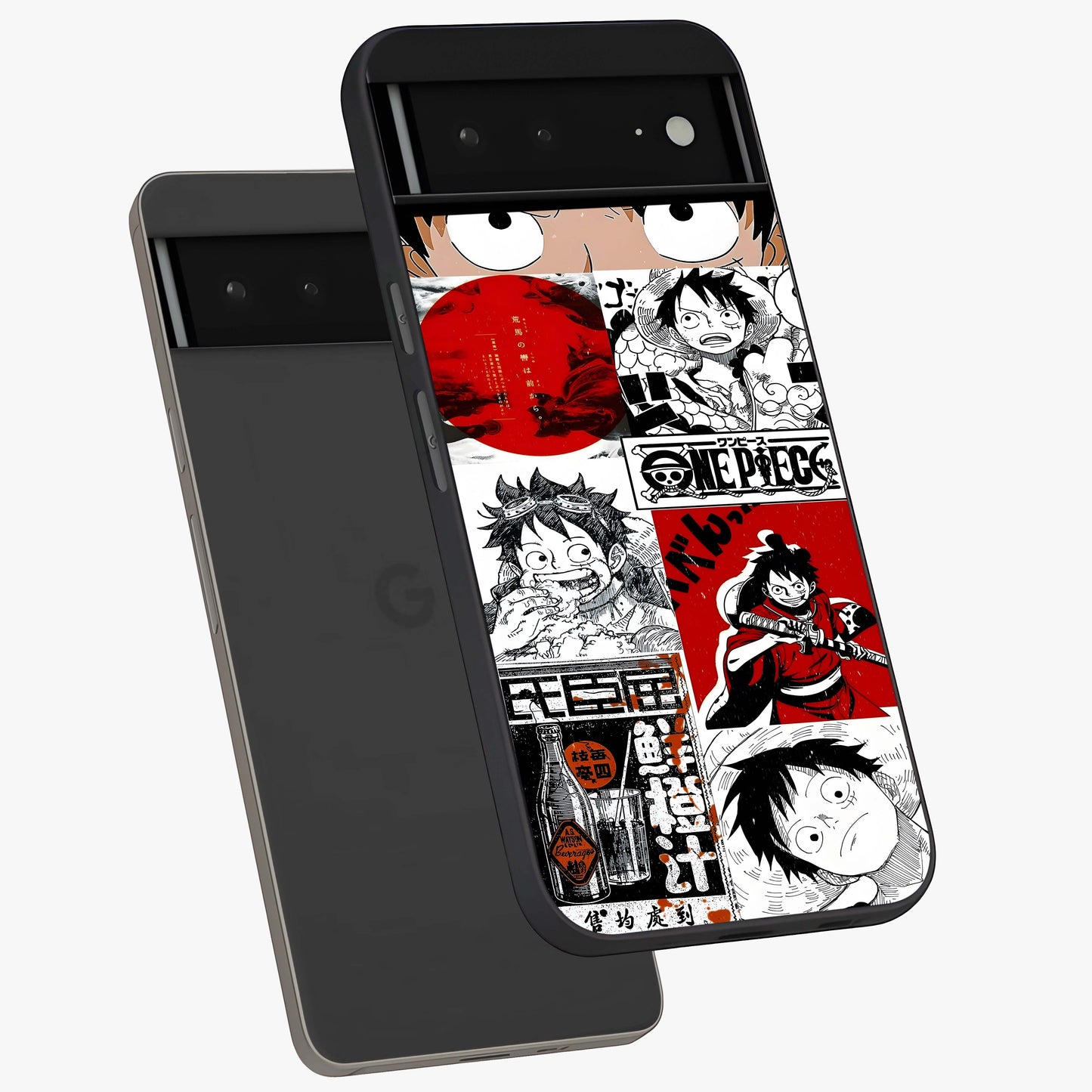 Strawhat Chaos Panels Glass Case displayed in angled mockup highlighting vibrant anime collage design with action aesthetic.