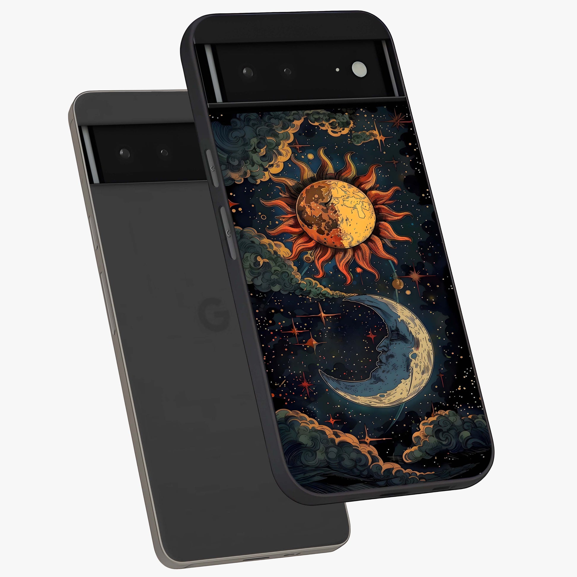Sun And Moon Magic Design Glass Case displayed in angled mockup highlighting celestial design with magical cosmic aesthetic.