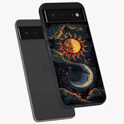 Sun And Moon Magic Design Glass Case displayed in angled mockup highlighting celestial design with magical cosmic aesthetic.