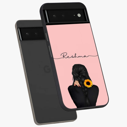 Sunflower Braid Beauty With Custom Name Glass Case displayed in angled mockup highlighting elegant sunflower design with custom name feature.