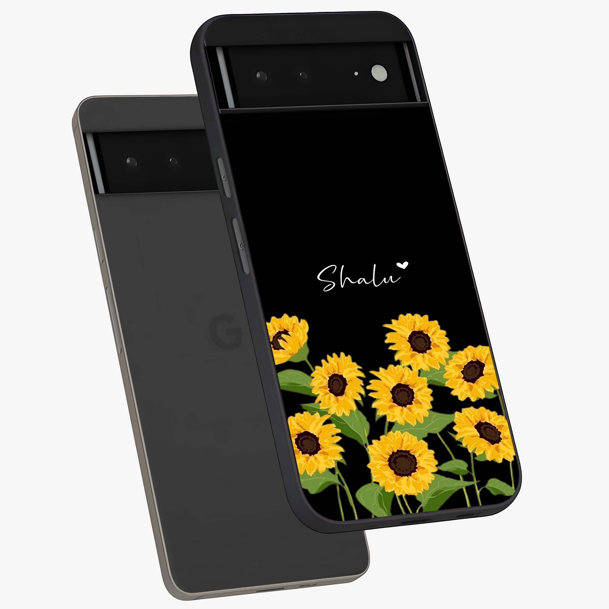 Sunflower Chic Mood Custom Name Glass Case displayed in angled mockup highlighting vibrant sunflower design with custom name feature.