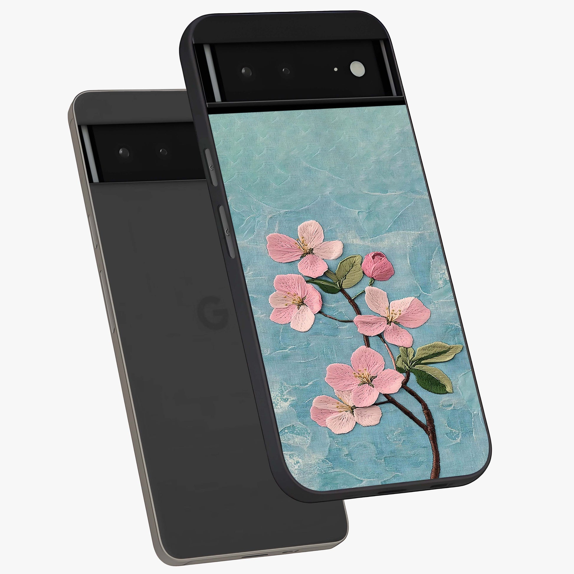 Threaded Blossom Breeze Glass Case displayed in angled mockup highlighting elegant floral design with soft aesthetic style.