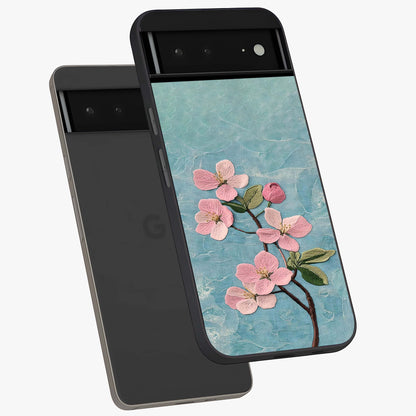 Threaded Blossom Breeze Glass Case displayed in angled mockup highlighting elegant floral design with soft aesthetic style.