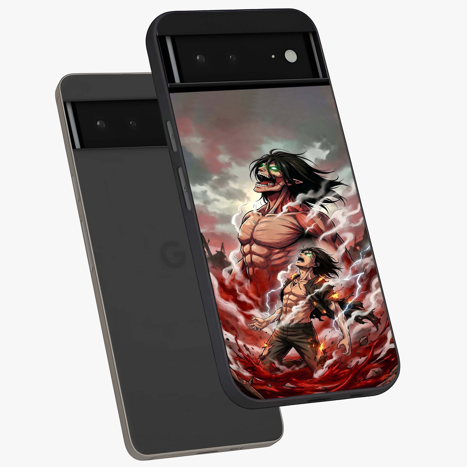 Titan Awakening Fury Glass Case displayed in angled mockup highlighting dramatic giant warrior design with bold anime aesthetic.