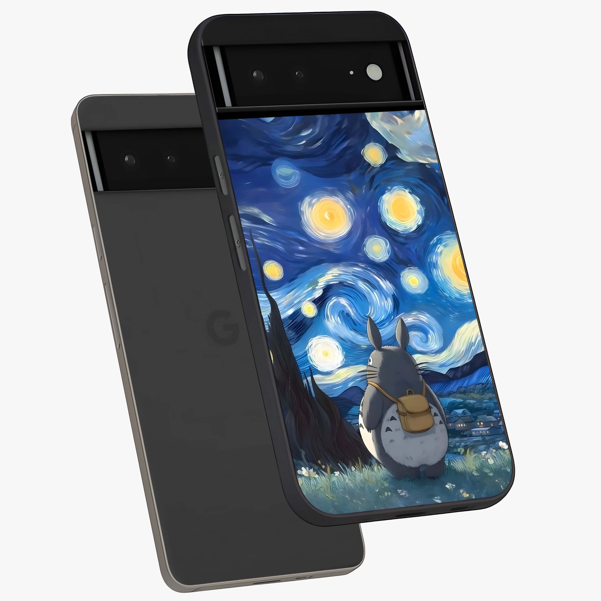 Totoro In Van Gogh Art Glass Case displayed in angled mockup highlighting artistic swirling sky design with playful animation aesthetic.