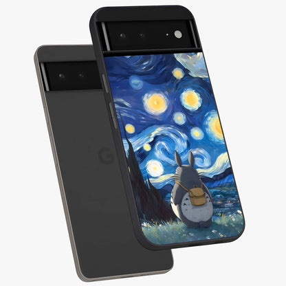 Totoro In Van Gogh Art Glass Case displayed in angled mockup highlighting artistic swirling sky design with playful animation aesthetic.