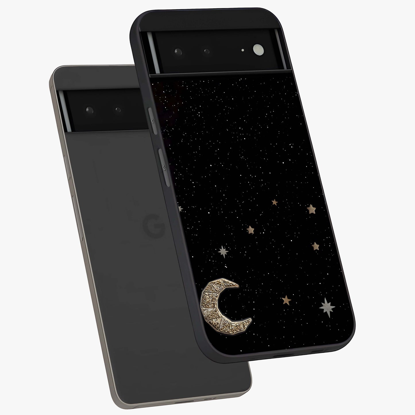 Twinkle Star With Half Moon Glass Case displayed in angled mockup highlighting celestial moon and star design with magical aesthetic.