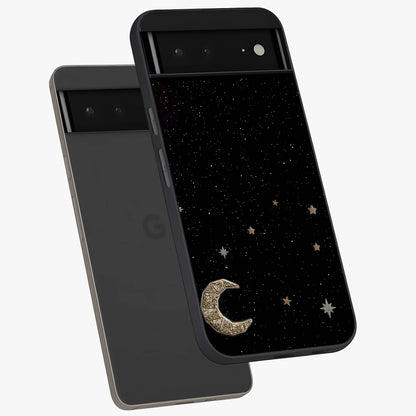 Twinkle Star With Half Moon Glass Case displayed in angled mockup highlighting celestial moon and star design with magical aesthetic.