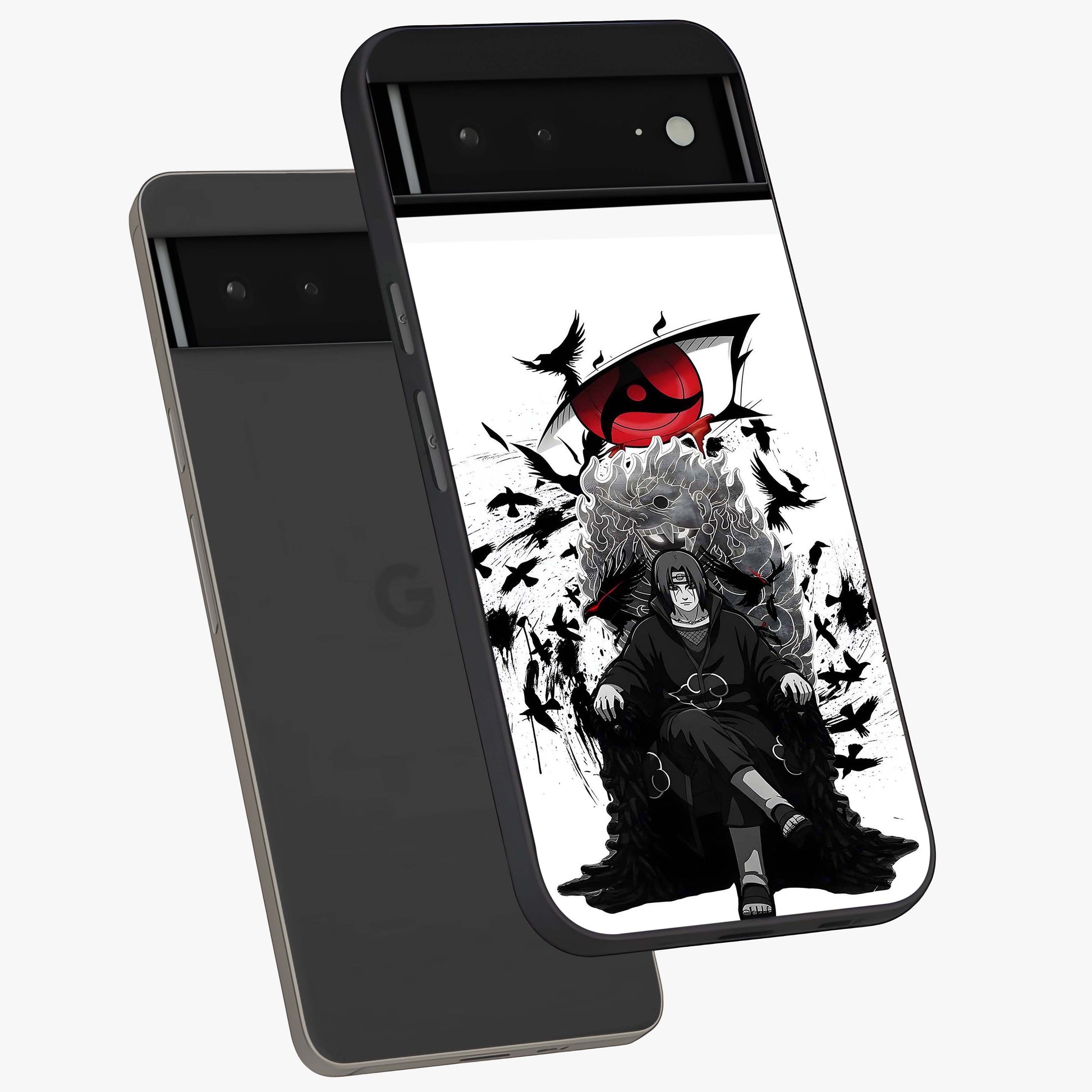 Uchiha Shadow Throne Glass Case displayed in angled mockup highlighting glowing aquatic design with celestial aesthetic.