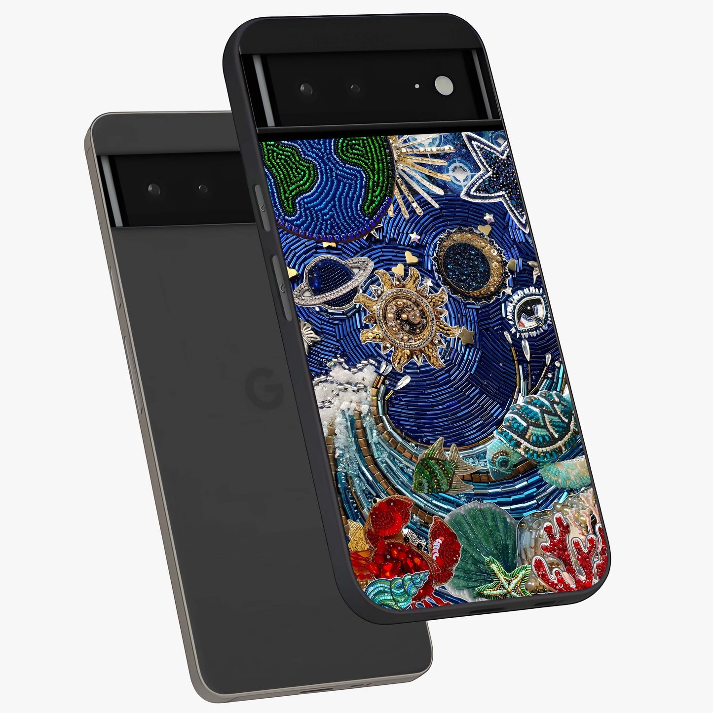 Universe Underwater Spark Glass Case displayed in angled mockup highlighting glowing aquatic design with celestial aesthetic.