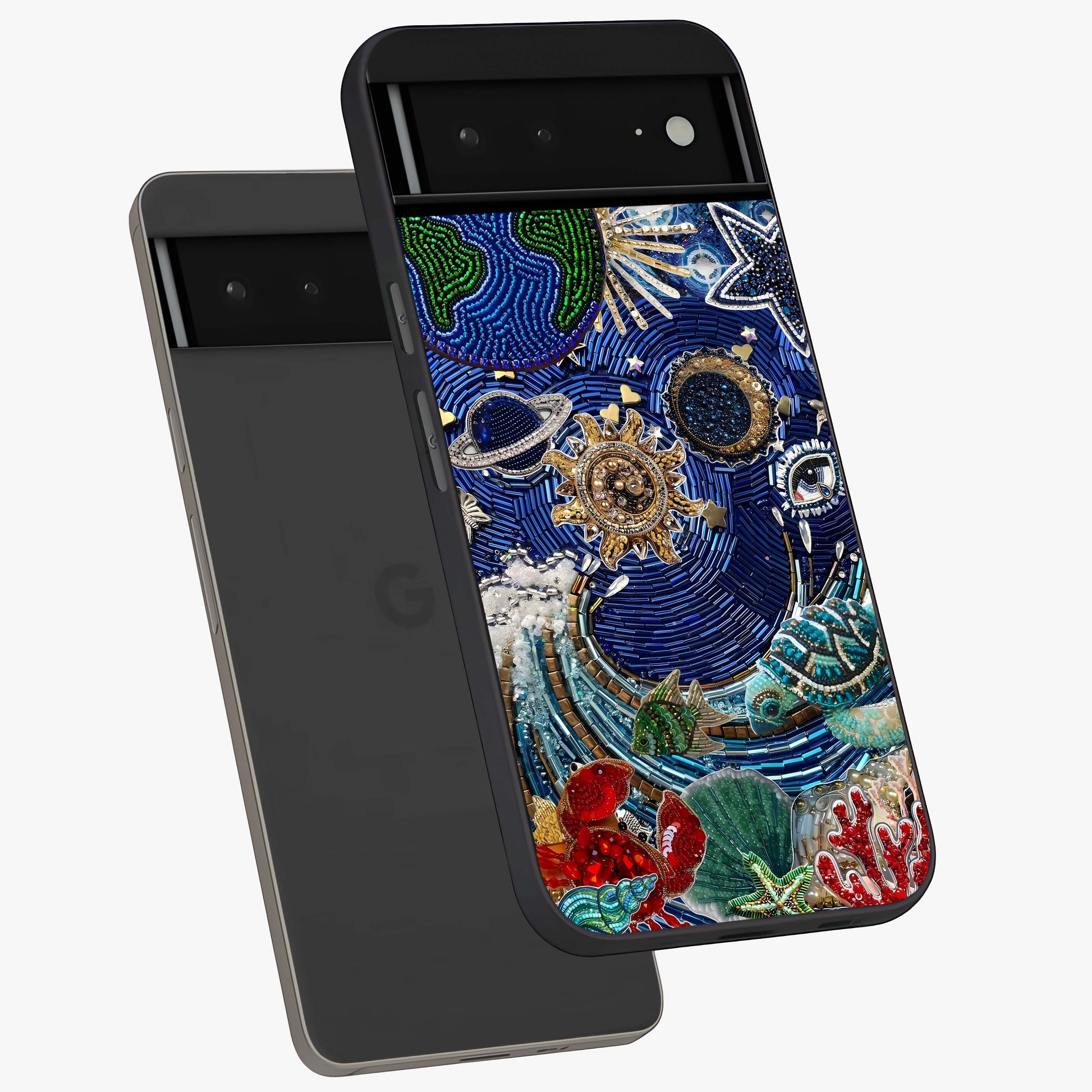 Universe Underwater Spark Glass Case displayed in angled mockup highlighting glowing aquatic design with celestial aesthetic.