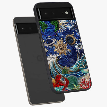 Universe Underwater Spark Glass Case displayed in angled mockup highlighting glowing aquatic design with celestial aesthetic.