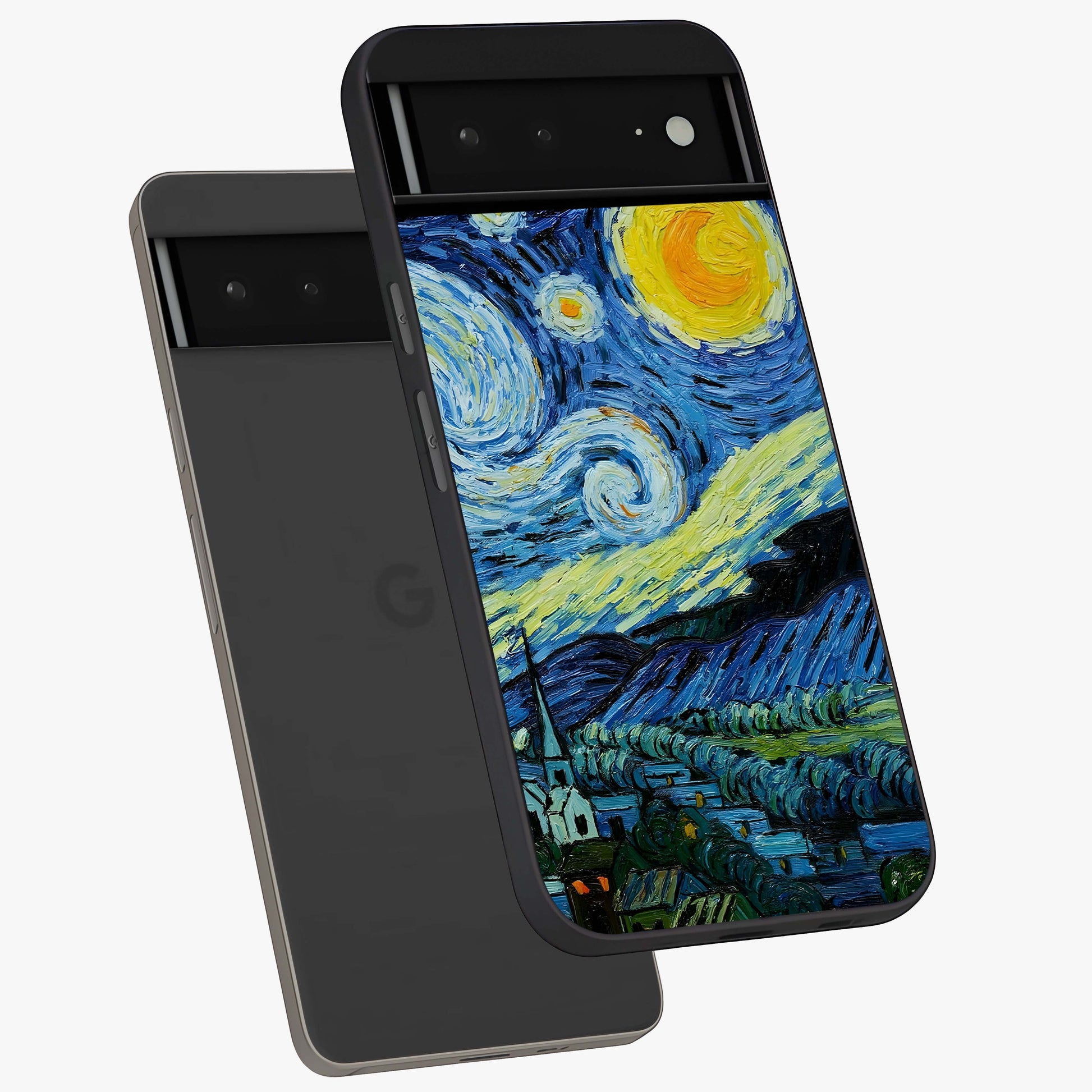 Van Gogh Art Glass Case displayed in angled mockup highlighting swirling brushstroke design with artistic aesthetic.