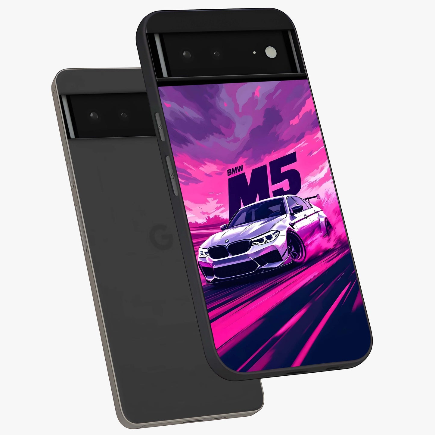 Velocity Drift Pulse Glass Case displayed in angled mockup highlighting dynamic drift design with sporty automotive aesthetic.