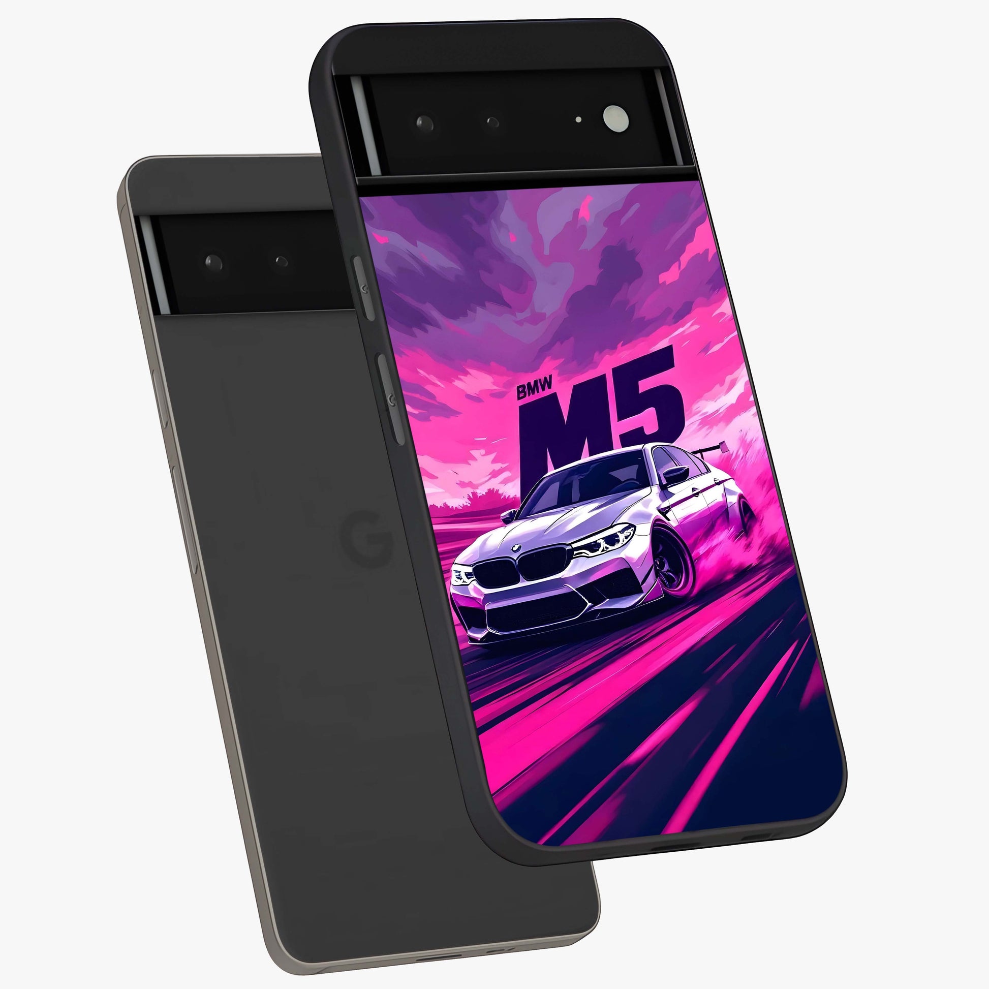 Velocity Drift Pulse Glass Case displayed in angled mockup highlighting dynamic drift design with sporty automotive aesthetic.